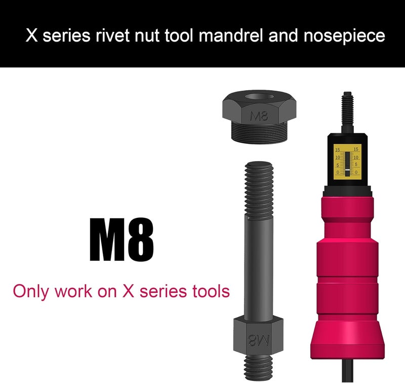 X1S Rivet Nut Drill Adaptor Replacement Mandrel and Nosepiece (M8)